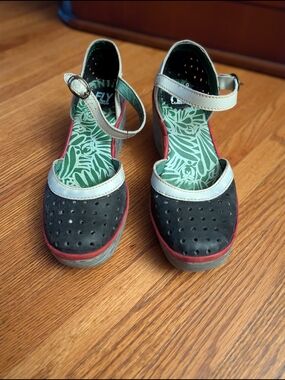 Fly London Womens Ying Perforated Leather Wedge Mary Jane Sandals Size 37 US 6.5